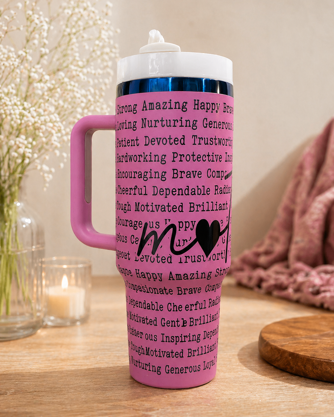 Mom Tumbler – 40oz Pink Insulated Handle Mug